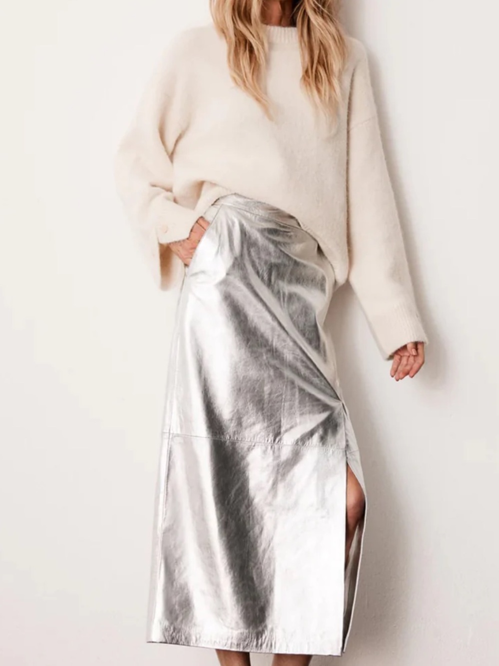 Sleek Silver Midi Pencil Skirt